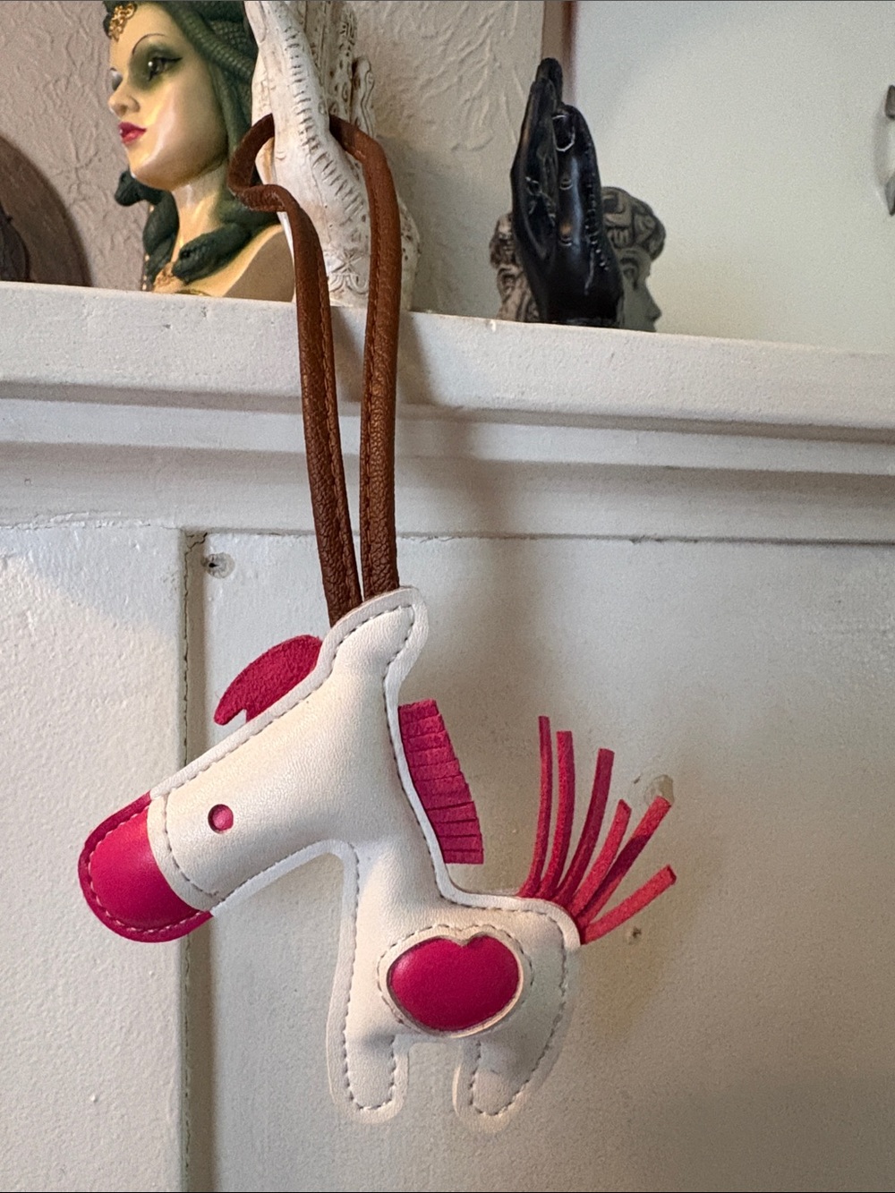 White & Pink Leather Horse Bag Charm Keyring for Kids or Women
